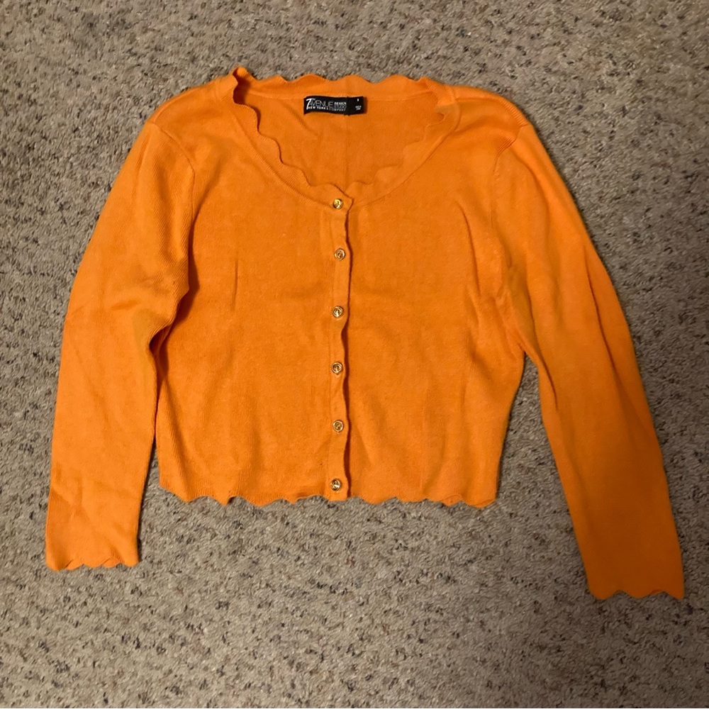 Bright orange scallop edge metallic jewel button front cardigan 3/4 sleeve NY&Co